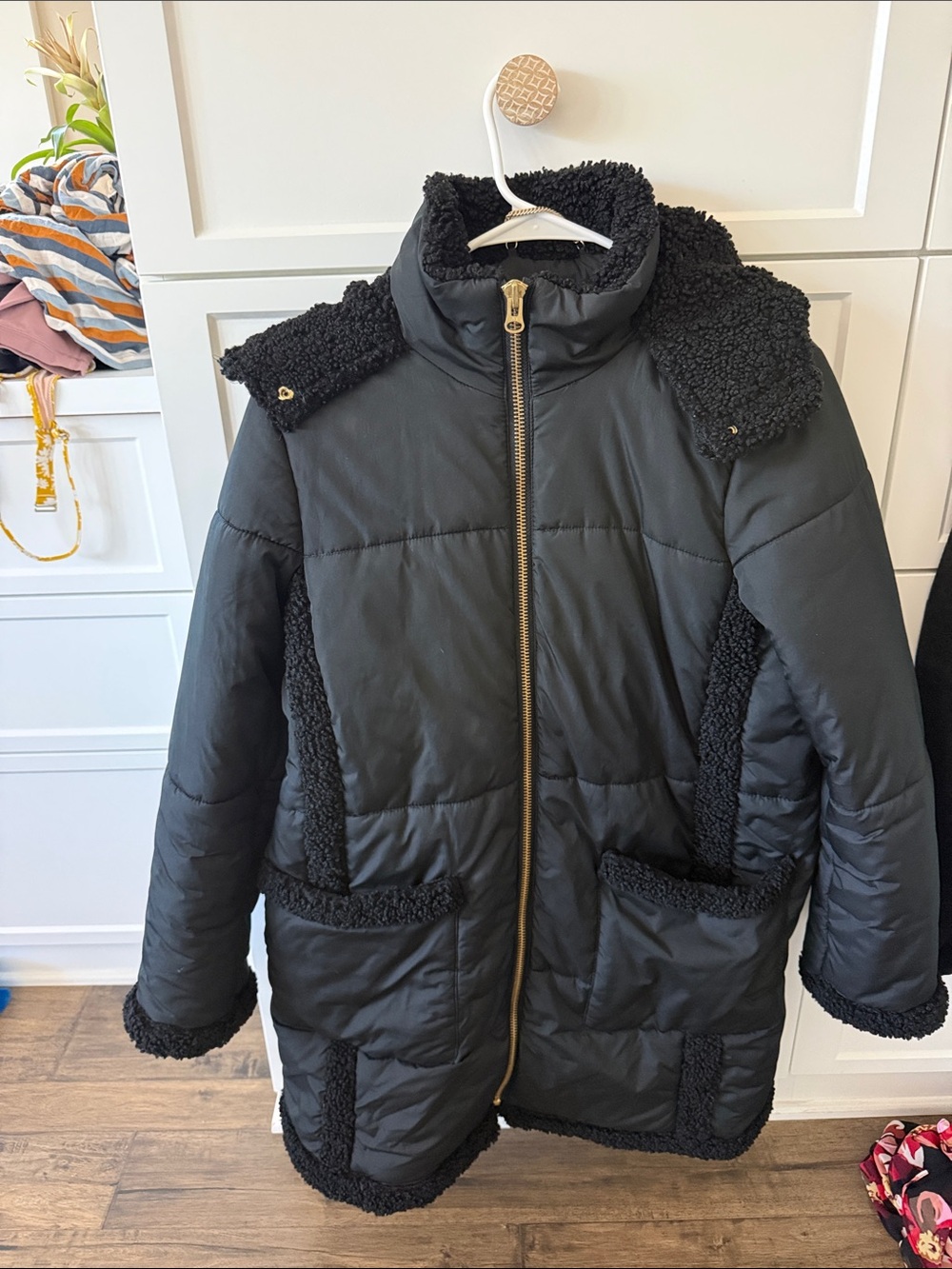 J. Crew Black Quilted Sherpa-Trim Puffer Coat